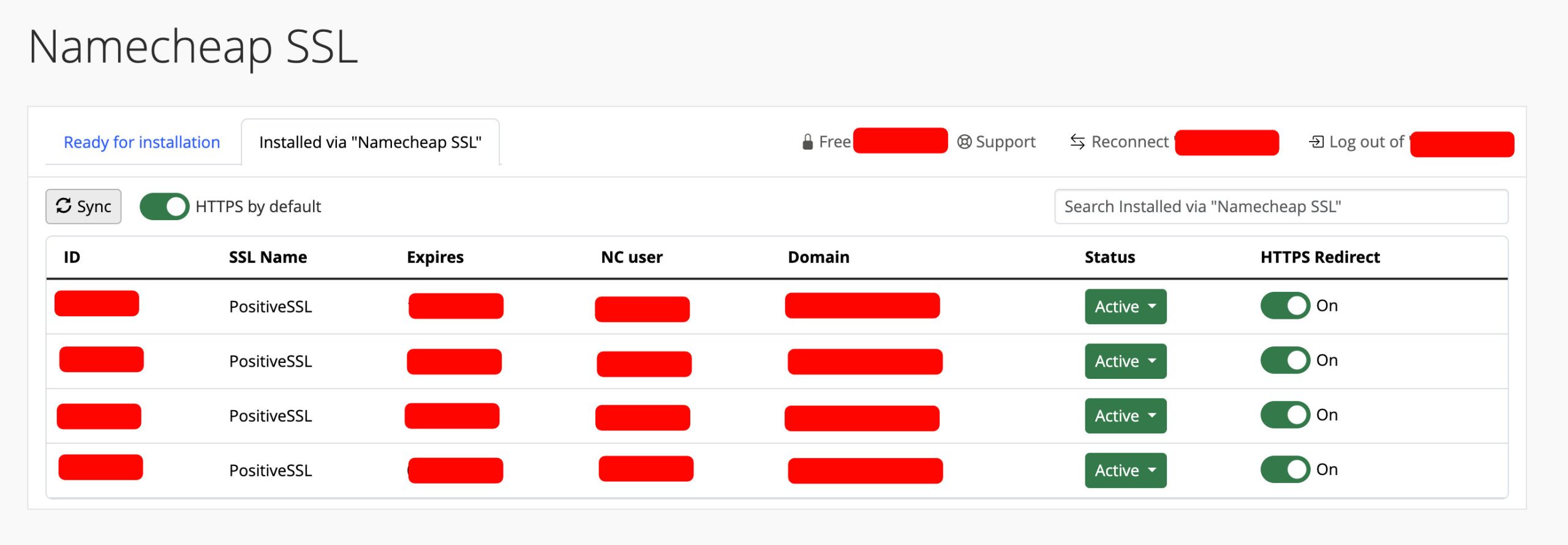 Listado de certificados SSL de Namecheap instalados en cPanel
